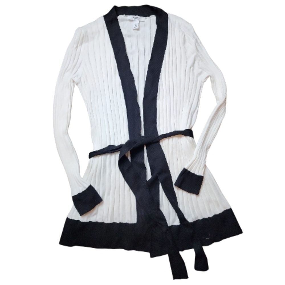 WHITE HOUSE BLACK MARKET | Belted White Longline Cardigan with Black Trim | XL - Picture 4 of 10